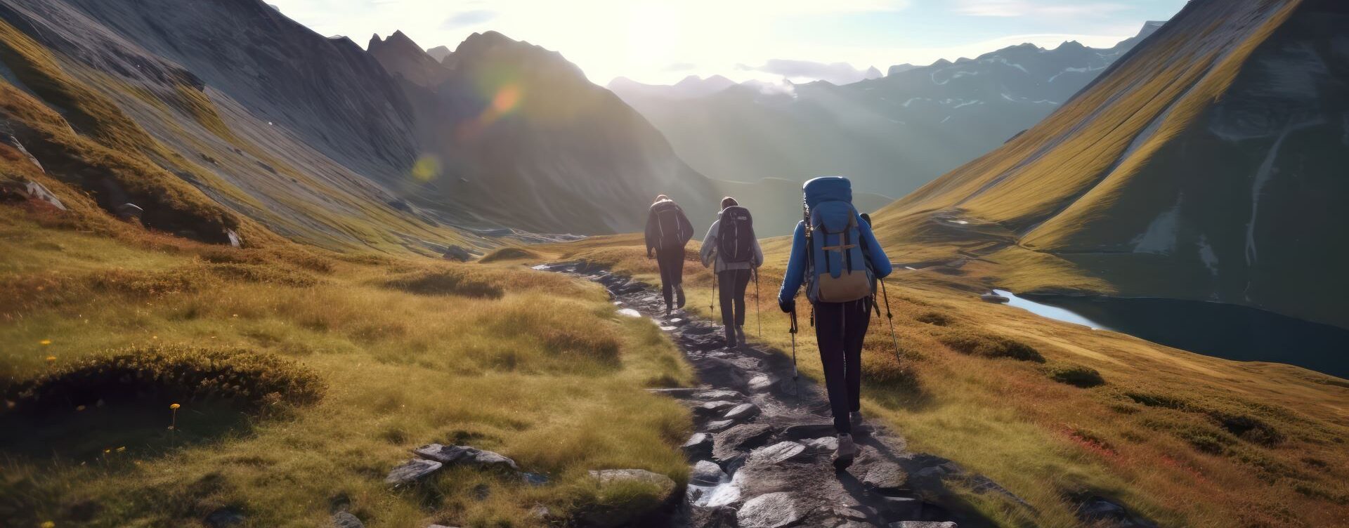 Three people hiking with full packs on a trail into the mountains, Banner for the Contact Us Page