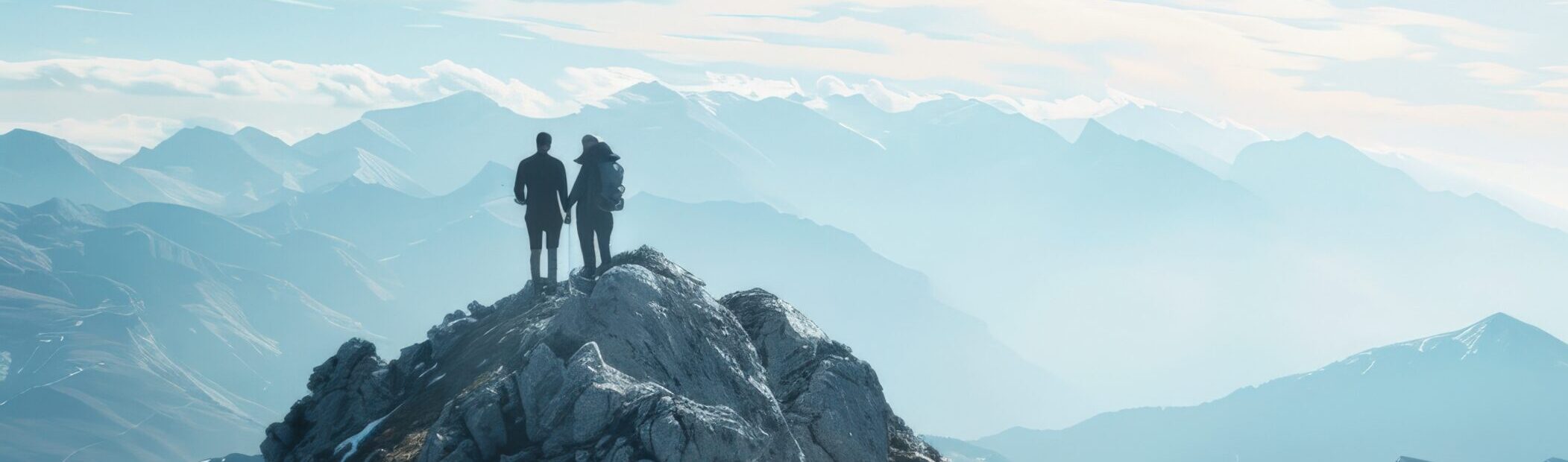 Two people standing on a mountain top, looking out over the landscape, Banner for the about us page